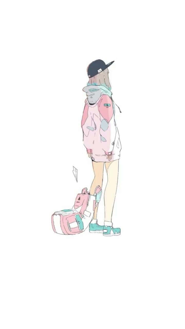A Girl In A Pink Jacket And Hat Is Standing Next To A Skateboard