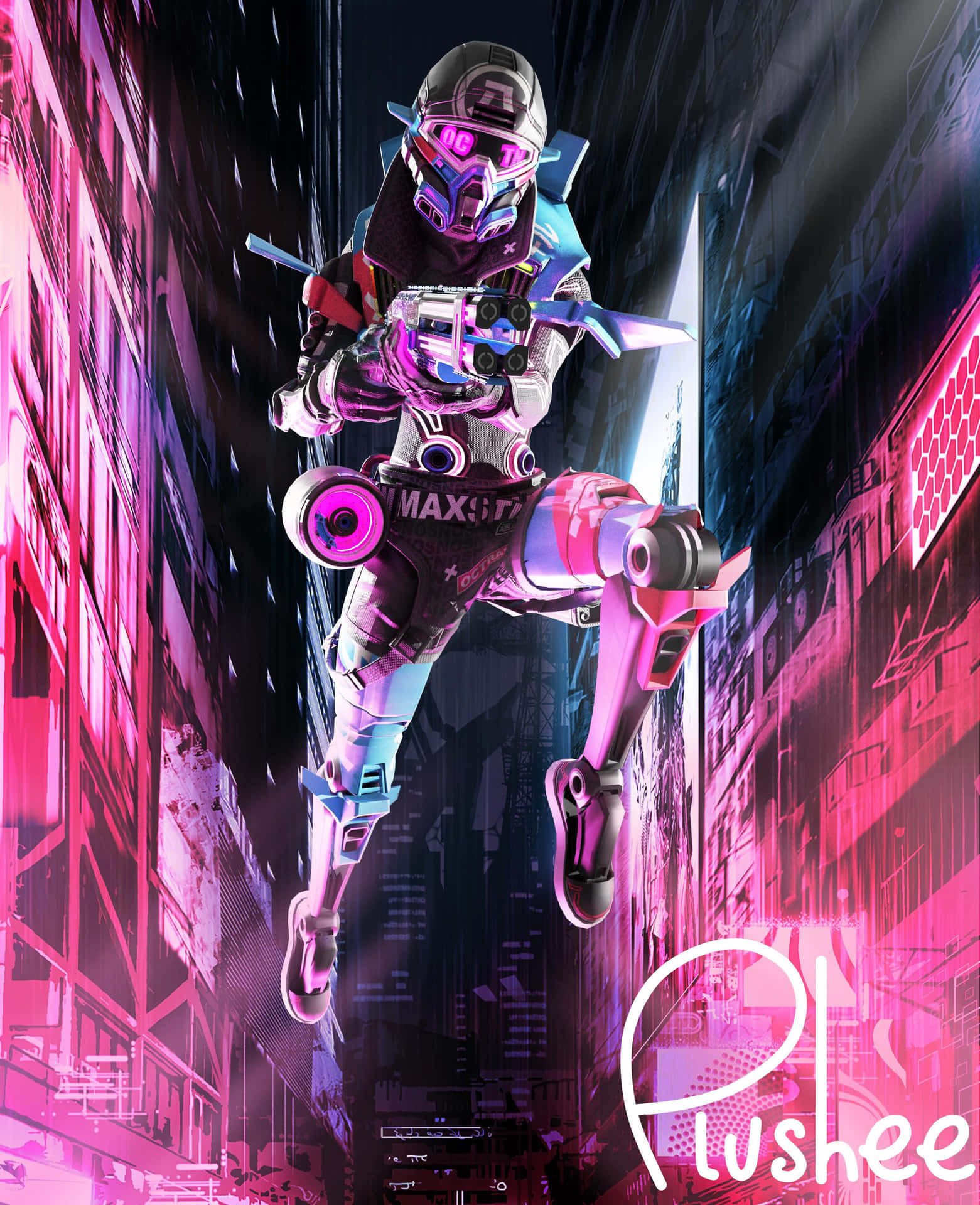 A Girl In A Pink Outfit Is Flying Through The City Background