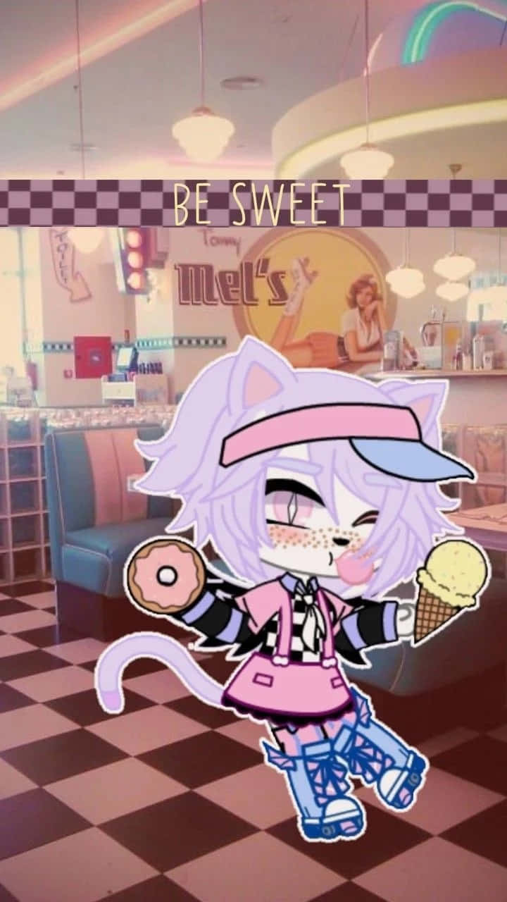 A Girl In A Pink Shirt Is Standing In A Donut Shop Background