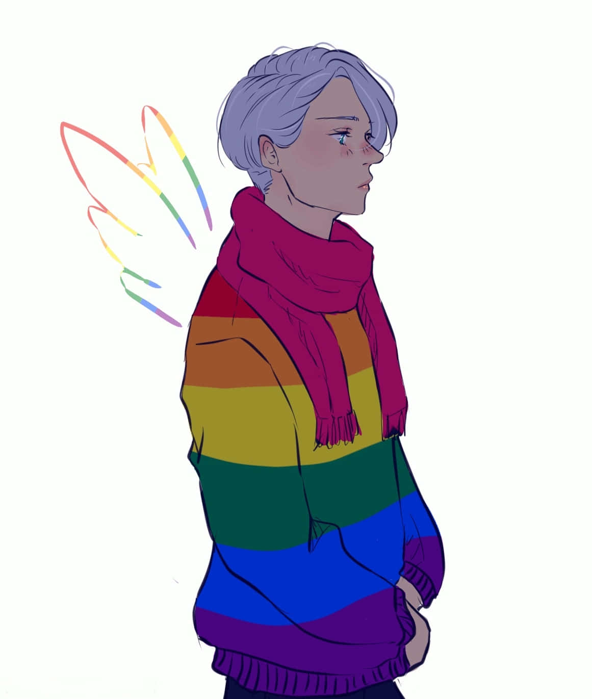 A Girl In A Rainbow Sweater With Wings
