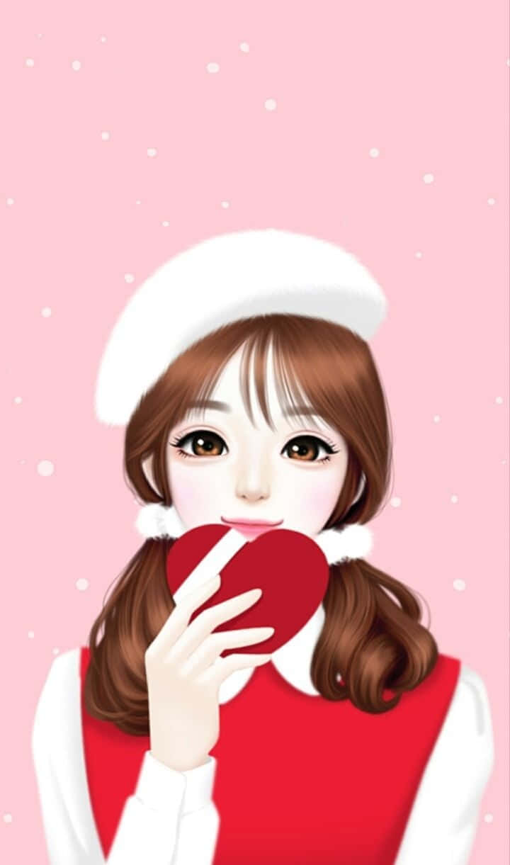 A Girl In A Red Dress Holding A Heart Background