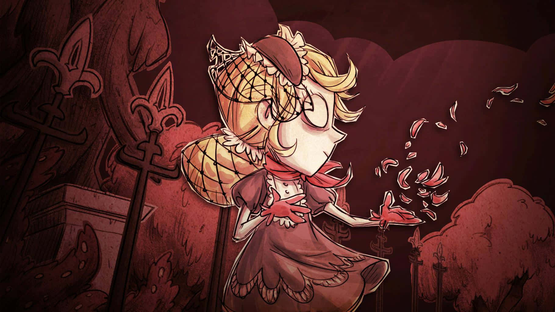 A Girl In A Red Dress Is Standing In Front Of A Grave Background