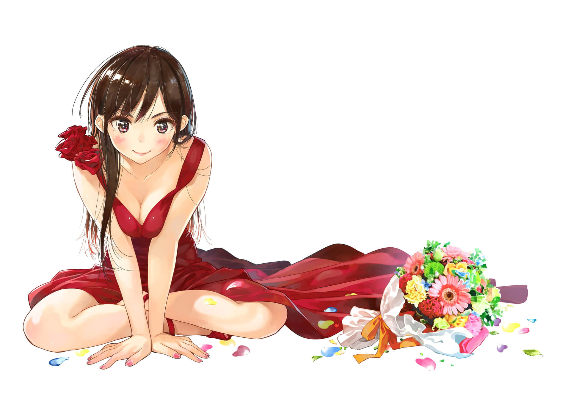 A Girl In A Red Dress Sitting On The Ground With Flowers Background