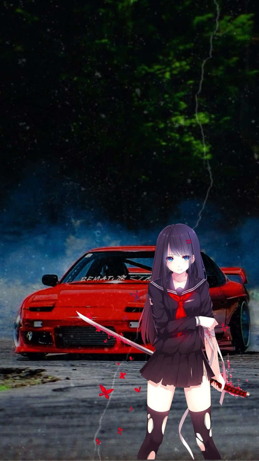 A Girl In A Red Dress Standing Next To A Red Car Background