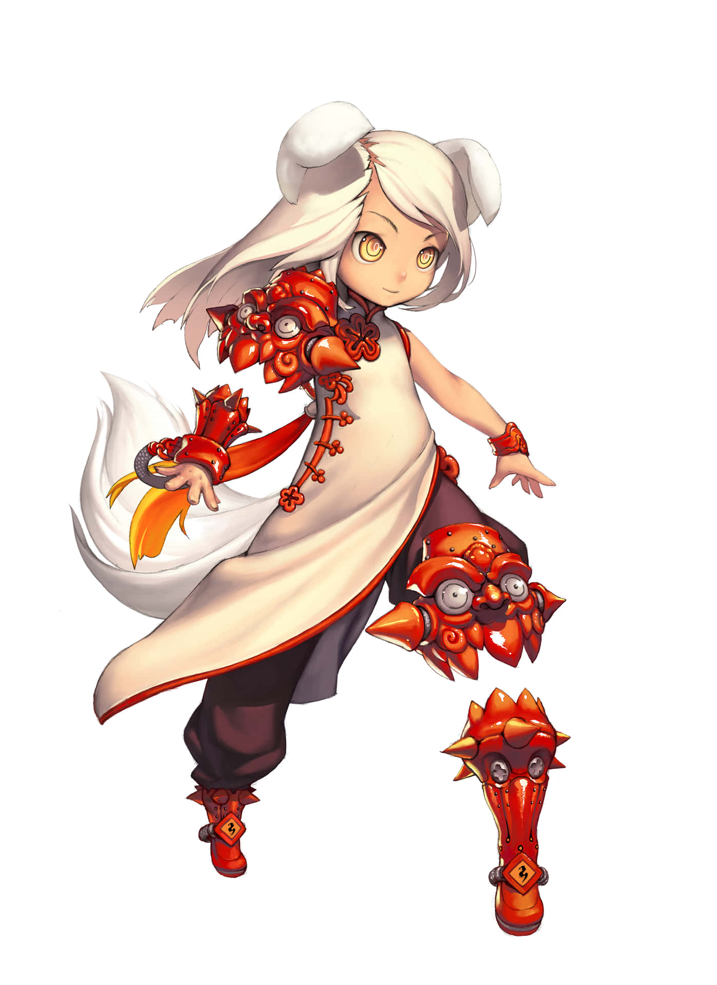 A Girl In A Red Outfit With White Hair Background