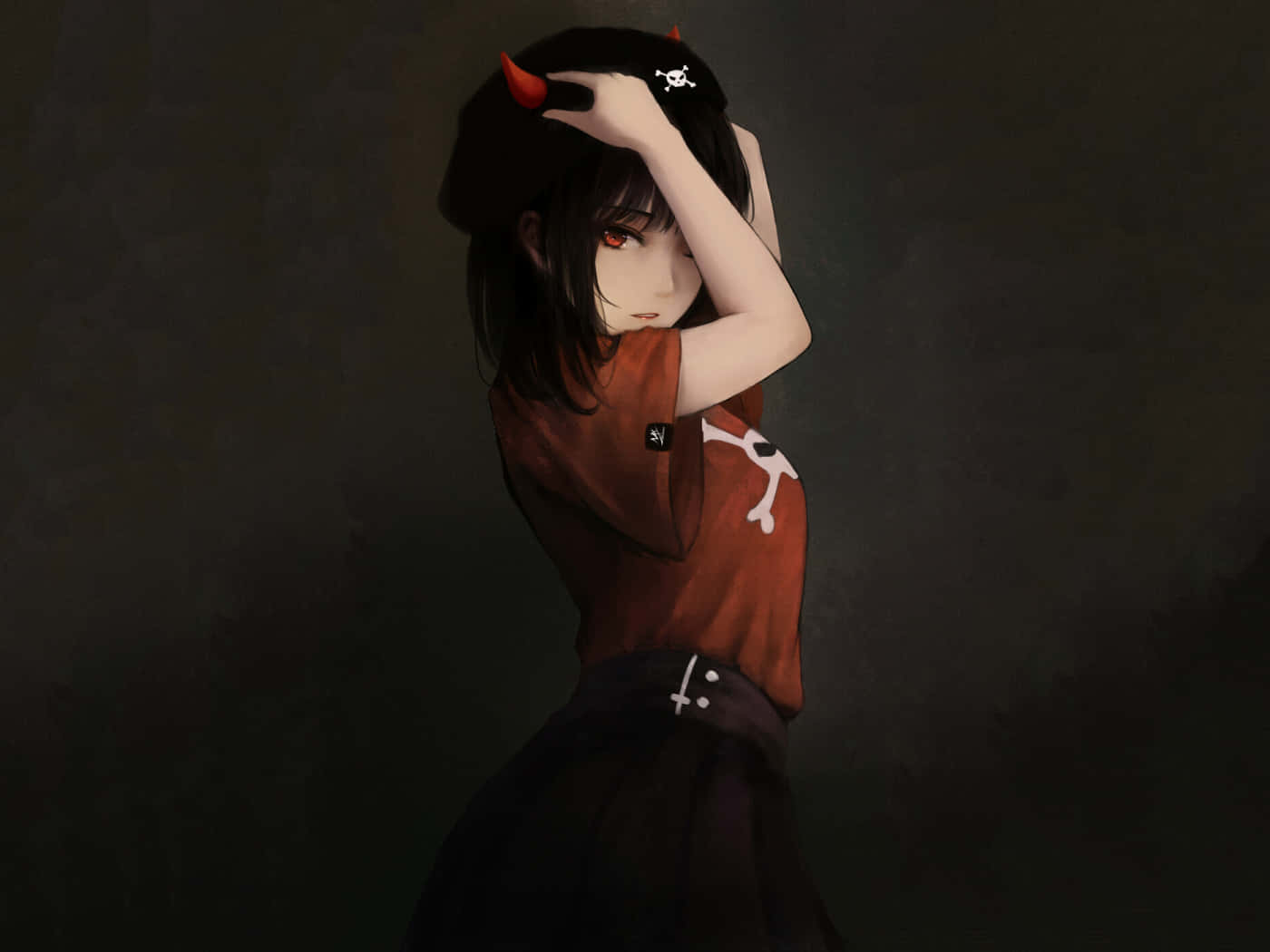 A Girl In A Red Shirt With Horns On Her Head Background