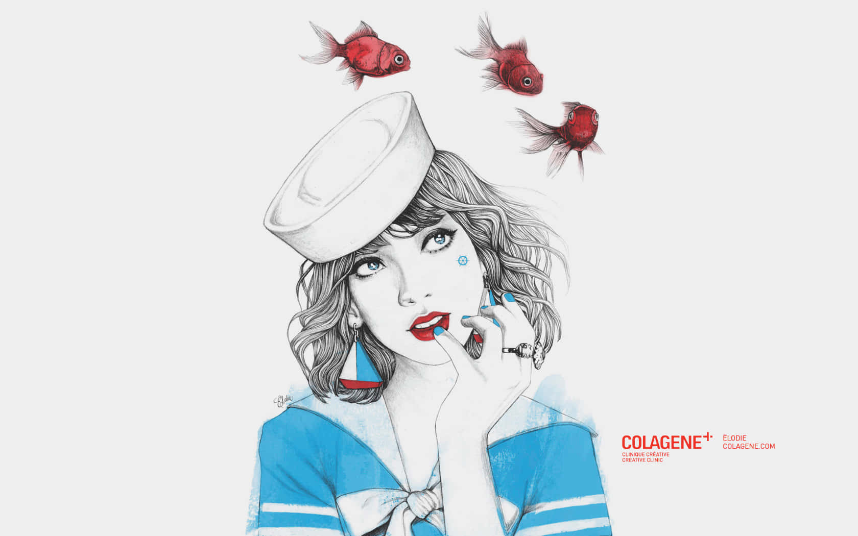 A Girl In A Sailor Hat Is Holding A Fish Background