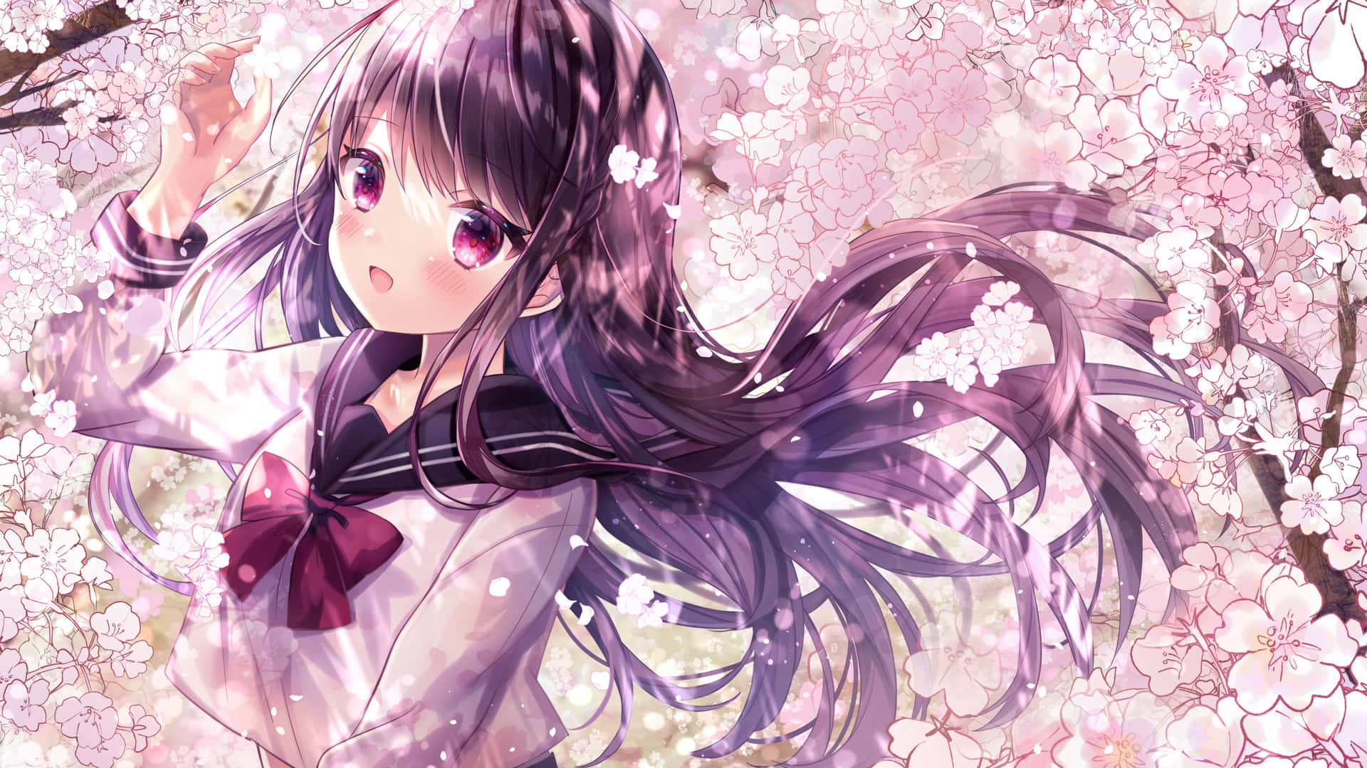 A Girl In A School Uniform With Long Hair And Pink Blossoms