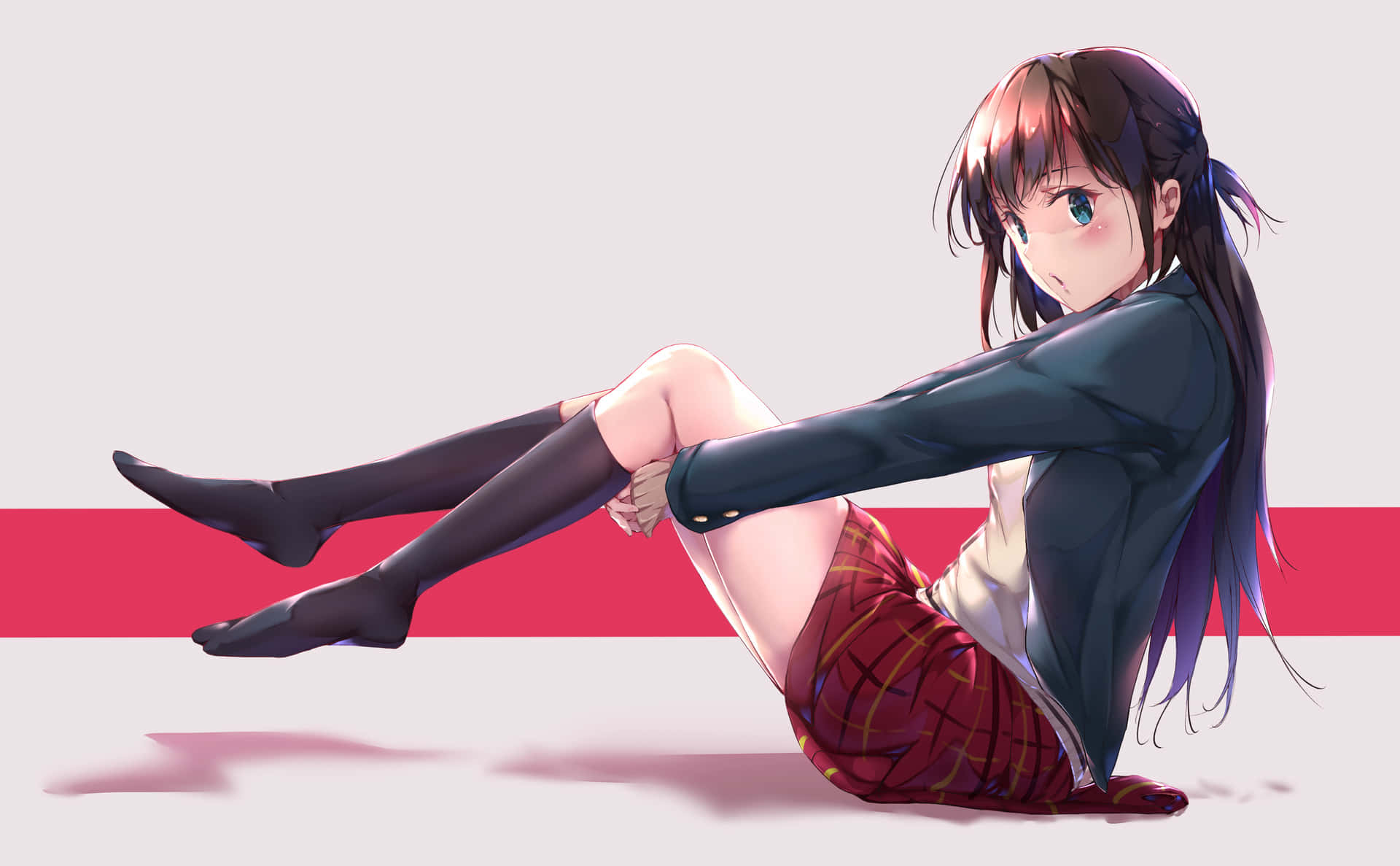 A Girl In A Skirt And A Jacket Is Sitting On The Ground Background