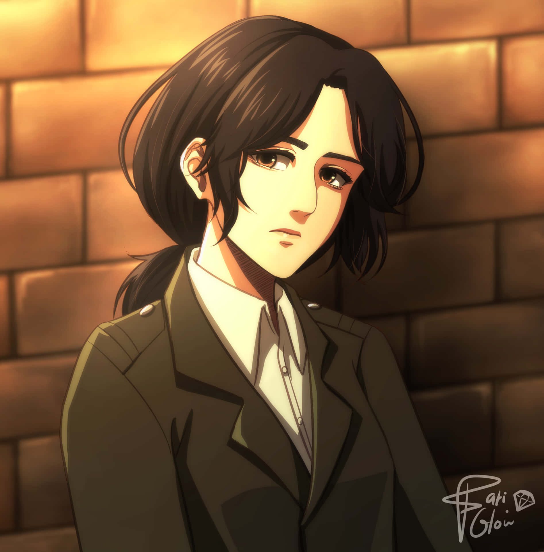A Girl In A Uniform Leaning Against A Brick Wall Background