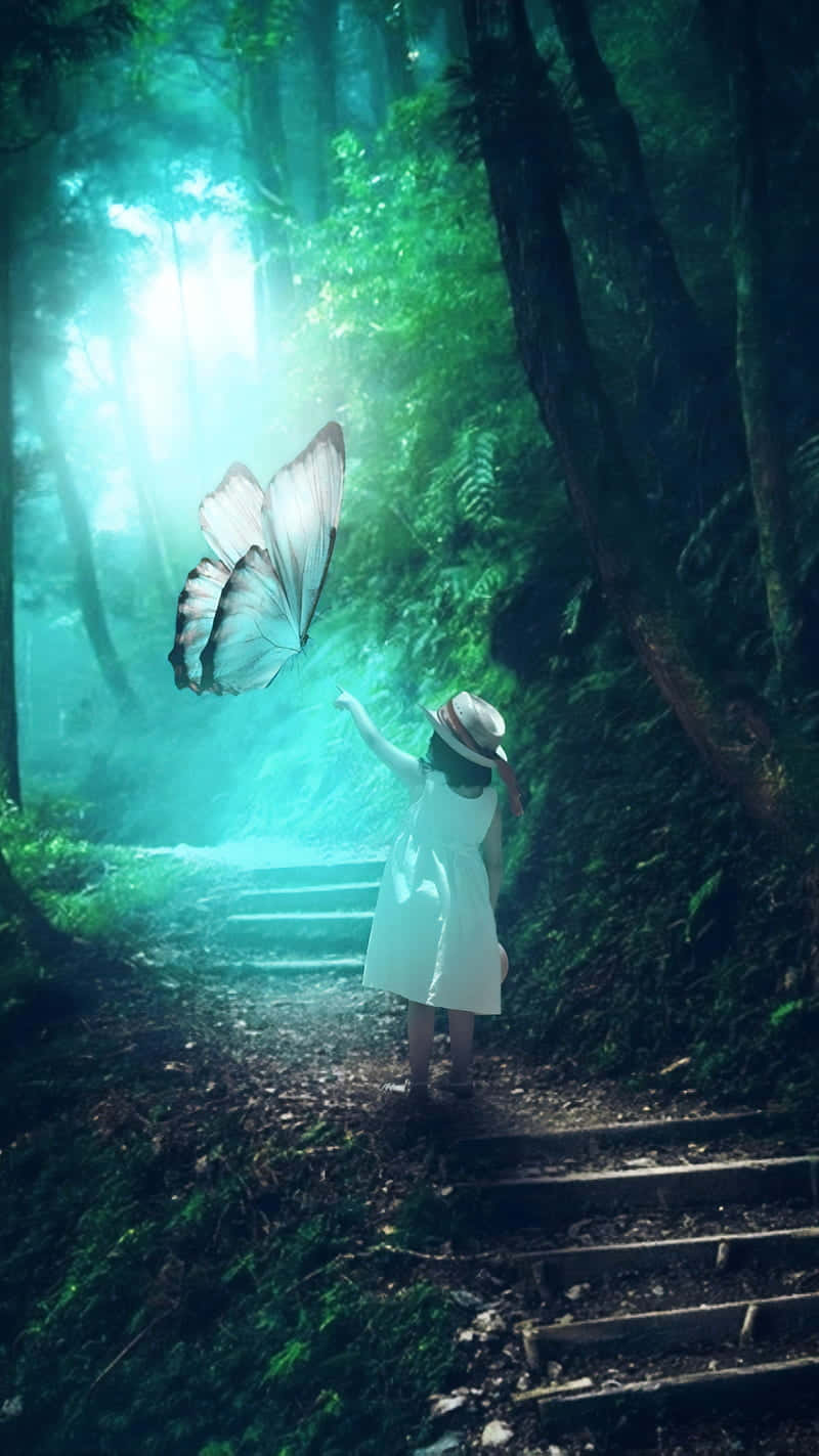 A Girl In A White Dress Is Walking Down A Path In The Forest Background