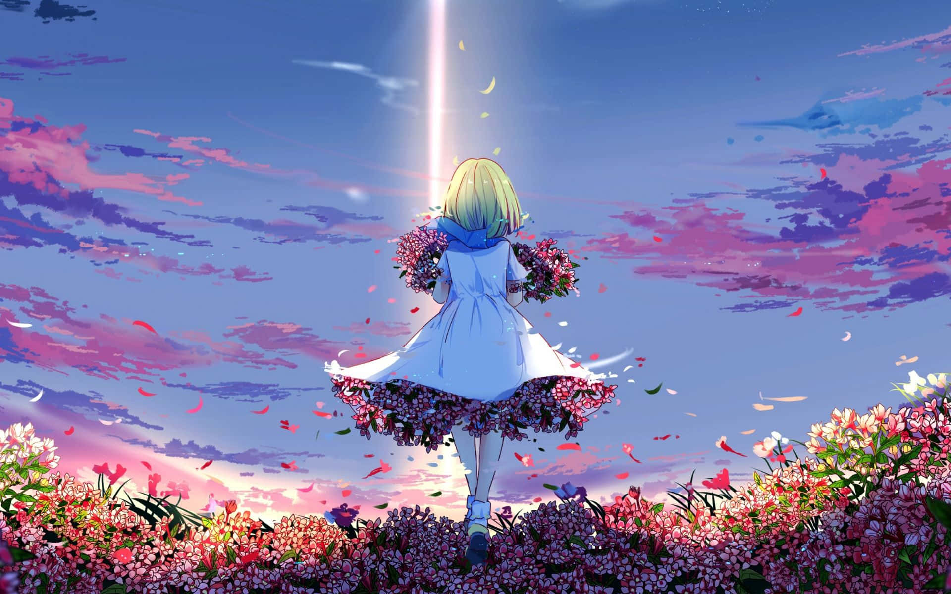 A Girl In A White Dress Standing In A Field Of Flowers Background
