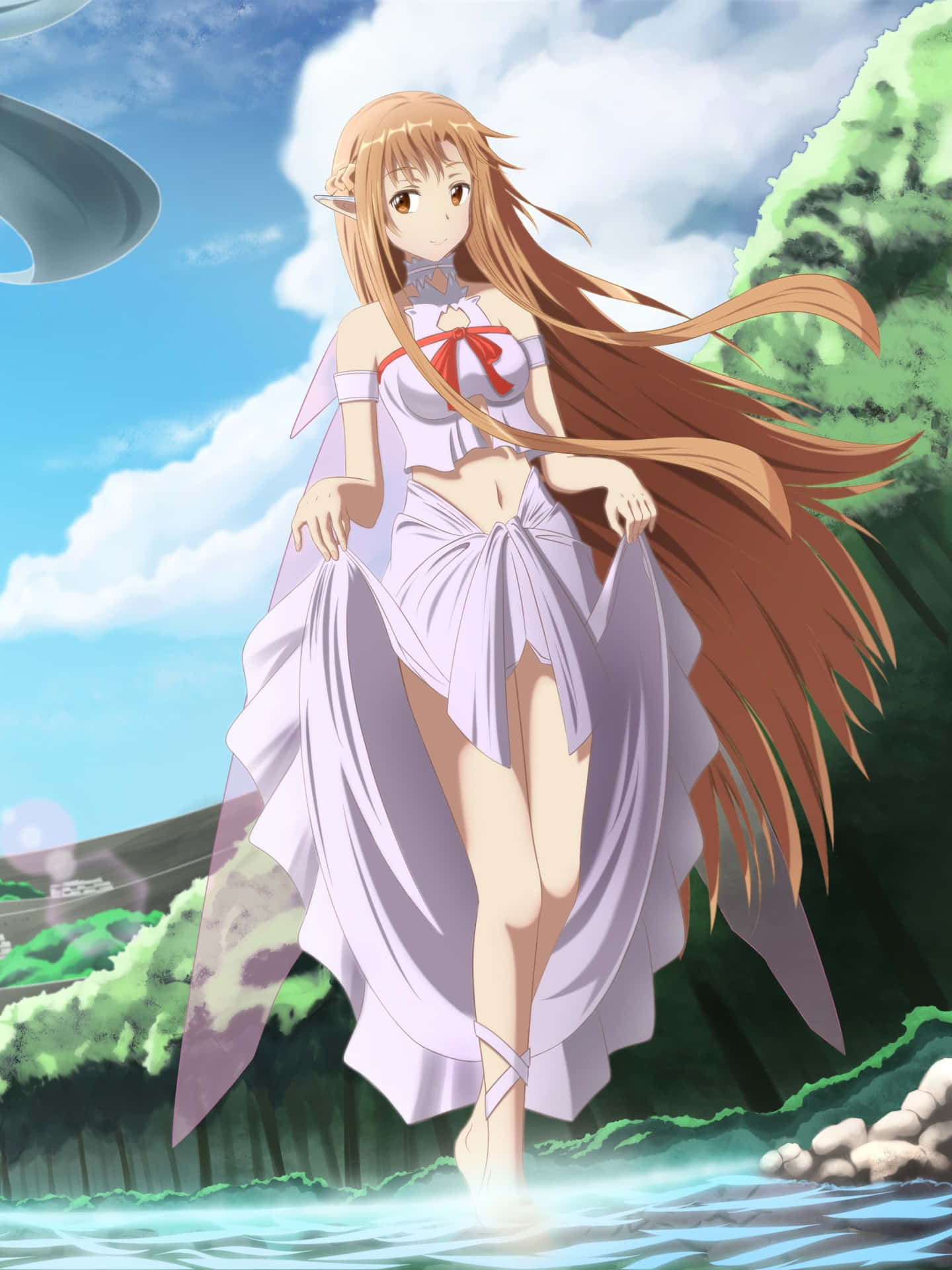 A Girl In A White Dress Standing In Water