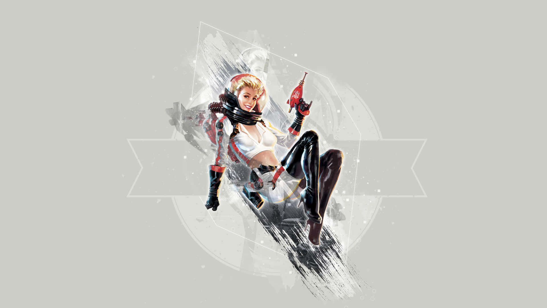 A Girl In A White Outfit Is Sitting On A Grey Background Background