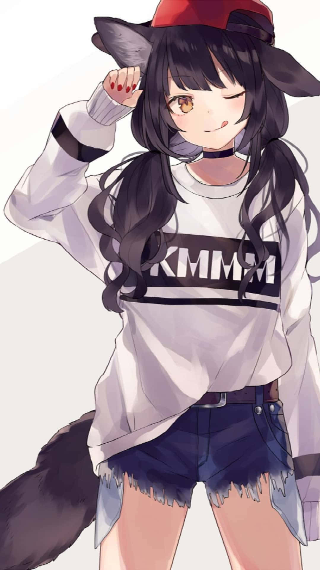 A Girl In A White Shirt And Shorts With A Fox Hat Background
