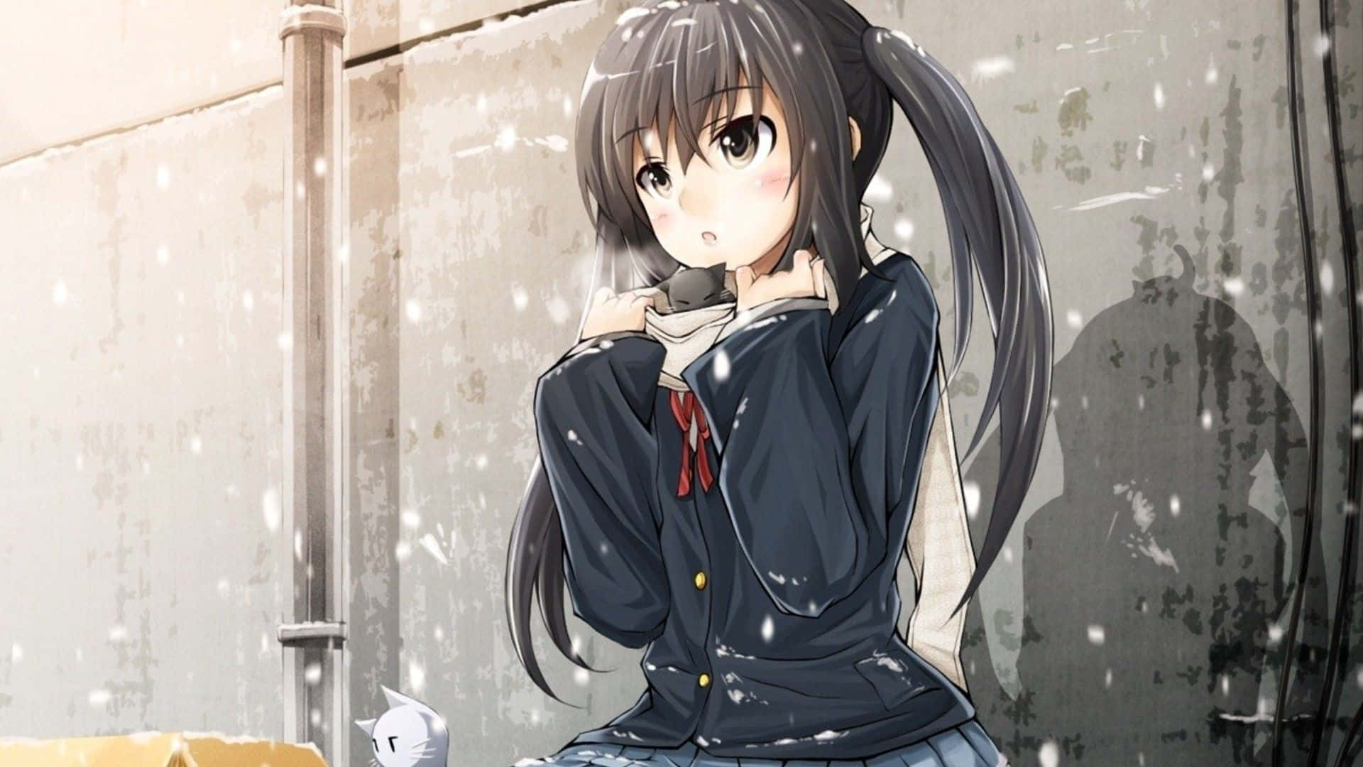 A Girl In A Winter Coat Sitting On A Snowy Sidewalk Background