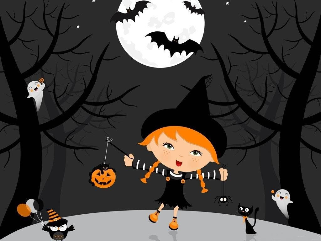 A Girl In A Witch Costume Is Standing In The Woods Background