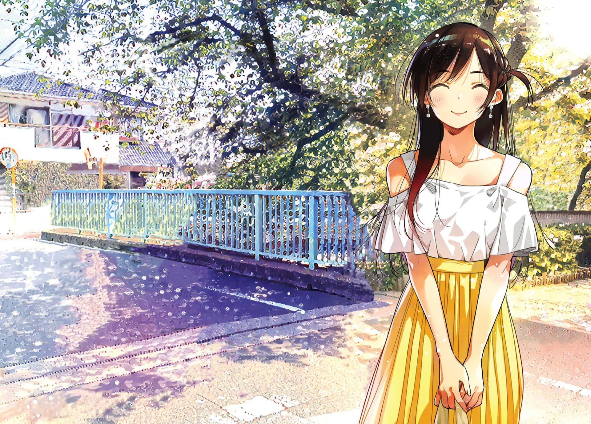 A Girl In A Yellow Skirt Standing On A Street Background