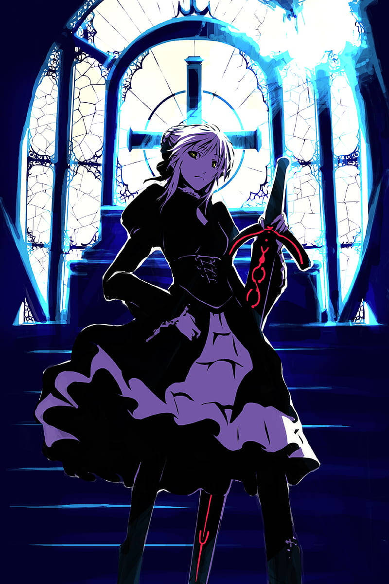 A Girl In Black Holding A Sword In Front Of A Stained Glass Window Background