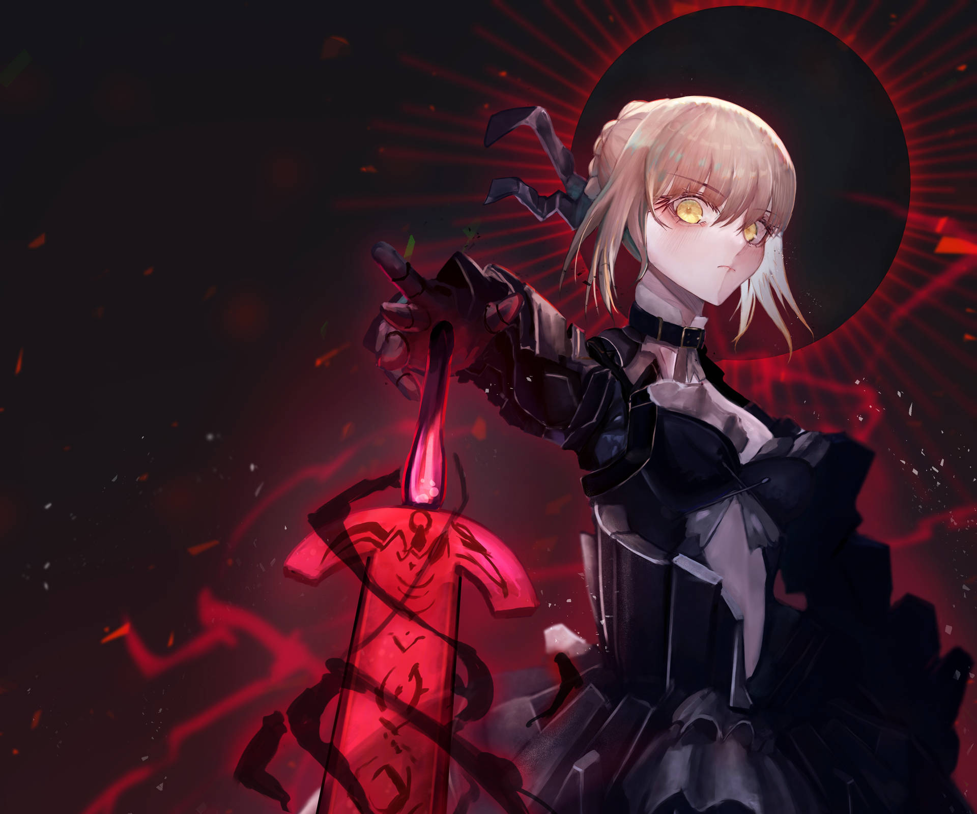 A Girl In Black Holding A Sword Background