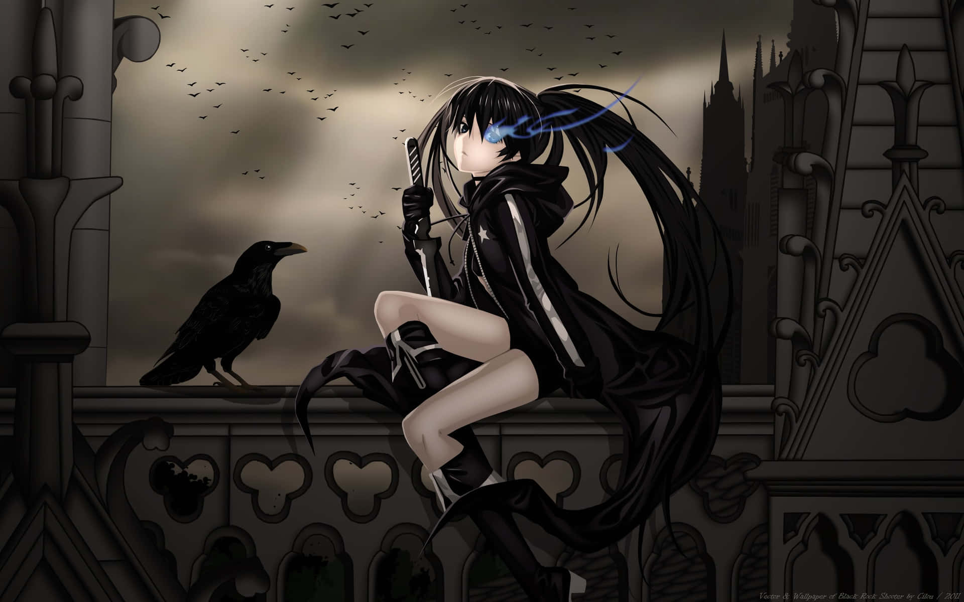 A Girl In Black Sitting On A Ledge With A Crow Background