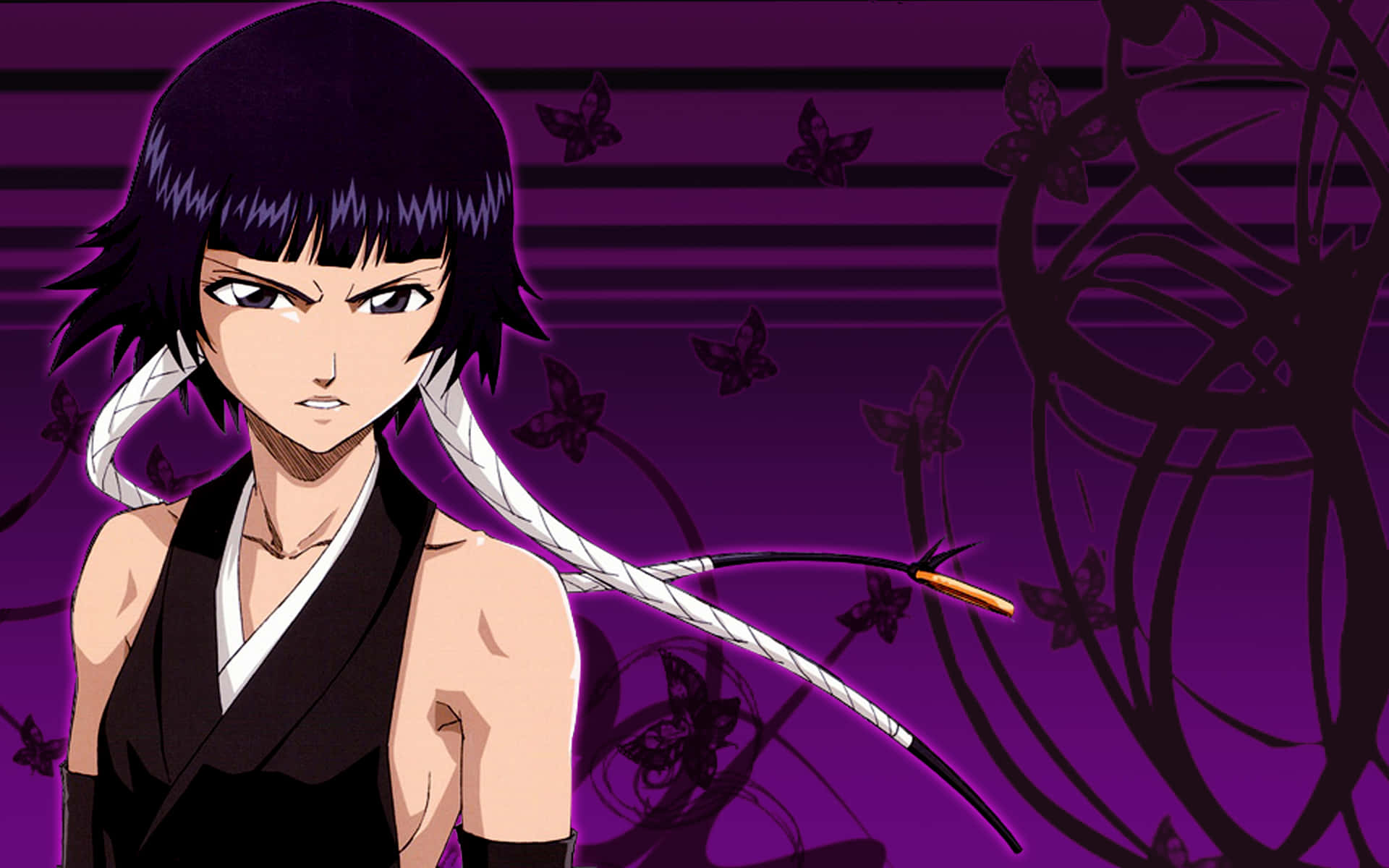 A Girl In Black With Black Hair And A Purple Background