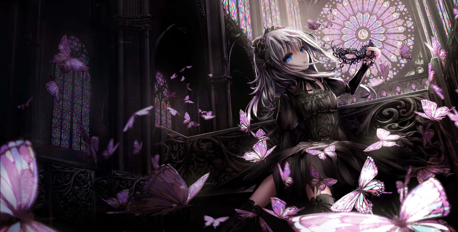 A Girl In Black With Butterflies In Her Hair Background