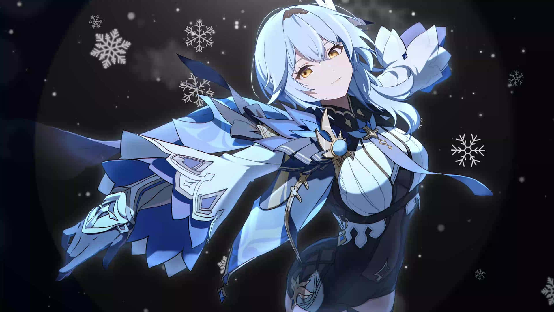 A Girl In Blue And White With Snowflakes Around Her Background