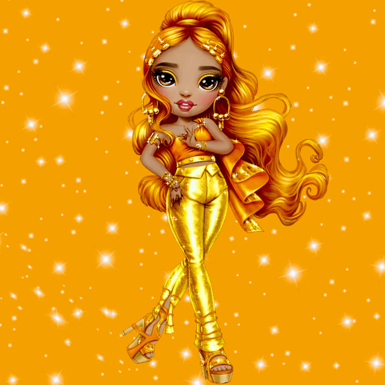 A Girl In Gold With Long Hair And A Golden Outfit Background