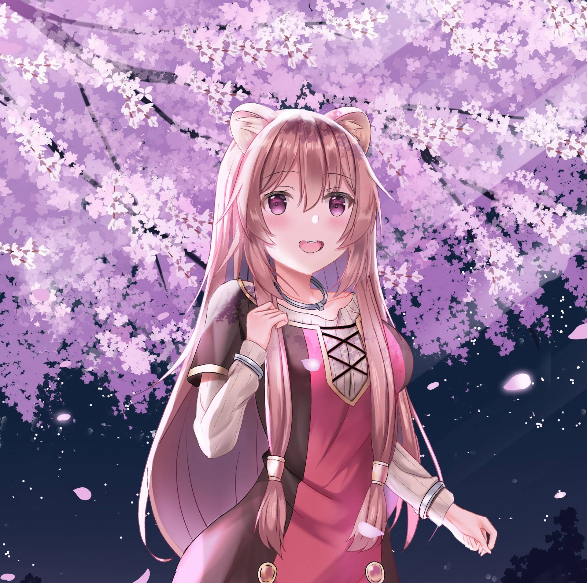 A Girl In Pink Dress Standing Under Cherry Blossoms