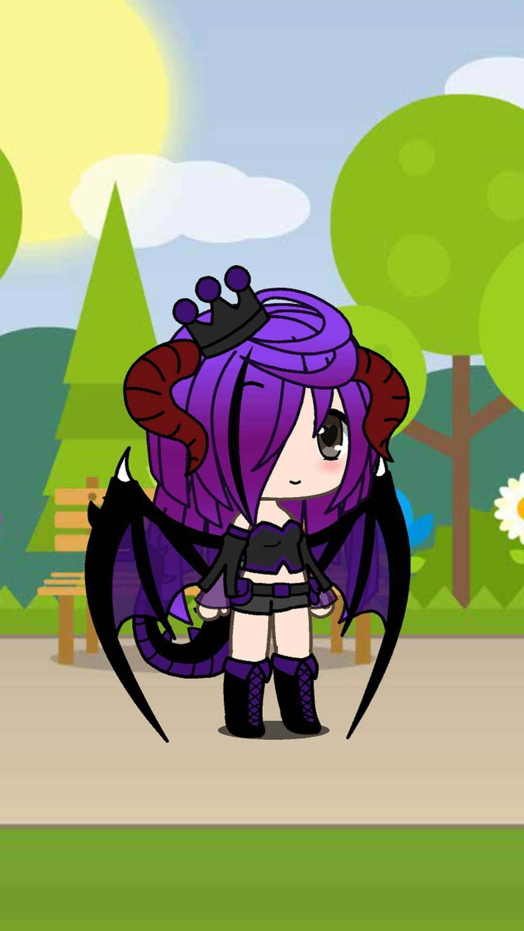 A Girl In Purple And Black Costume Is Standing In A Park Background