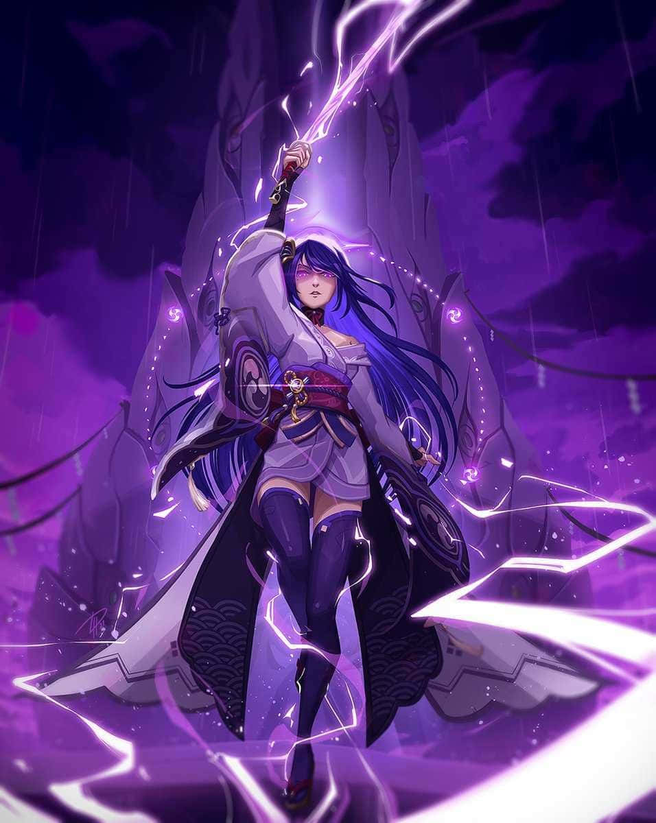 A Girl In Purple Holding A Sword Background