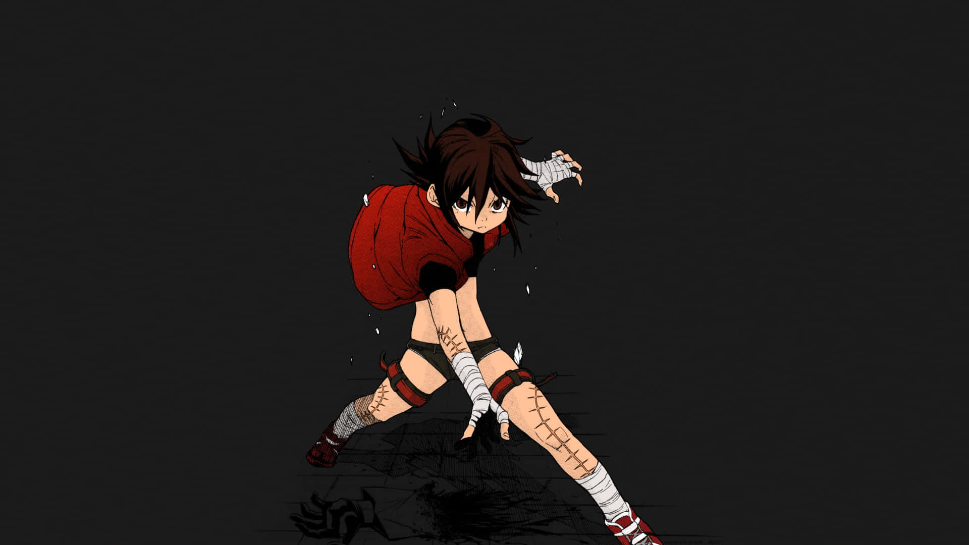 A Girl In Red And Black Is Holding A Sword