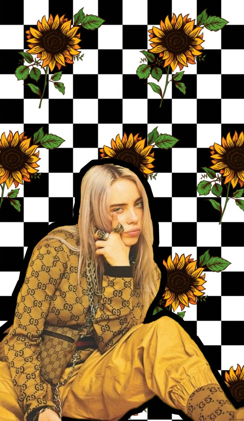 A Girl In Yellow Pants And Sunflowers On A Checkered Background Background