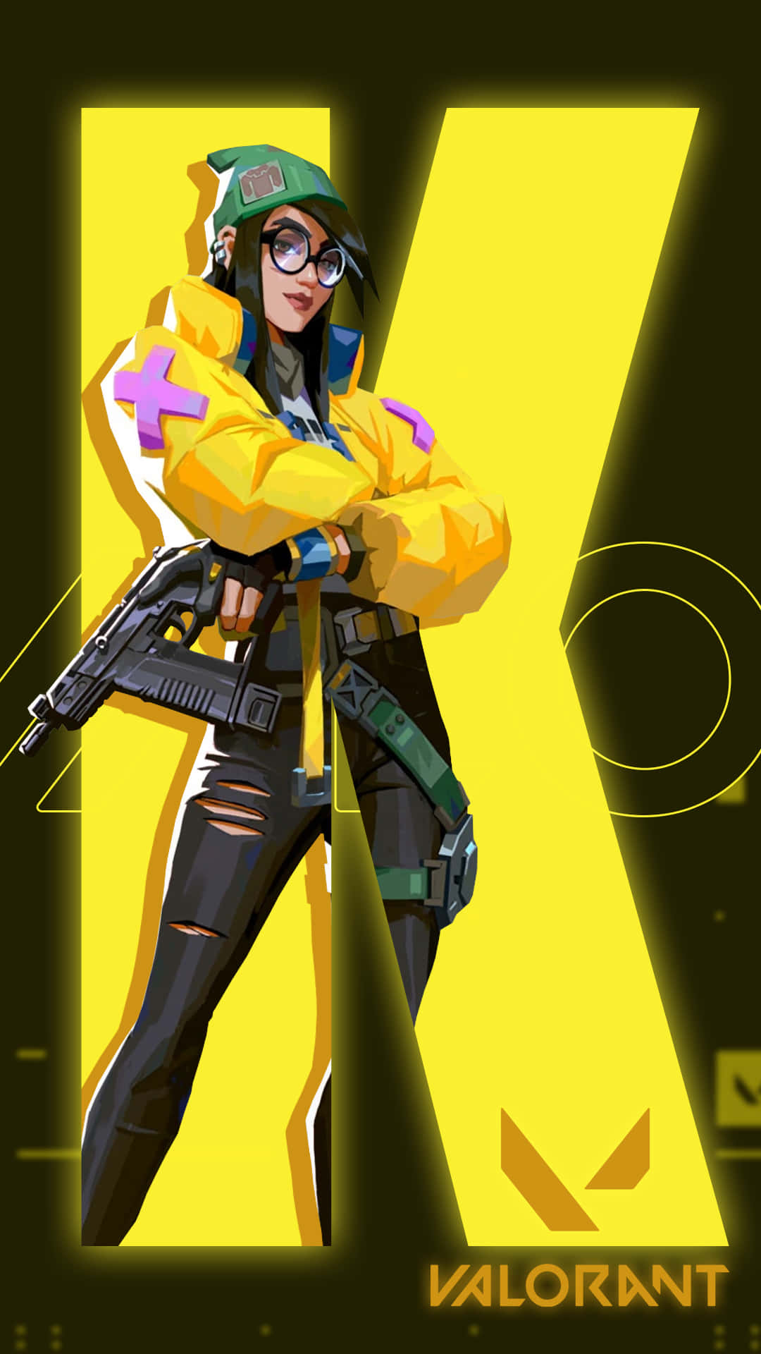 A Girl In Yellow With A Gun And A Yellow Letter K Background