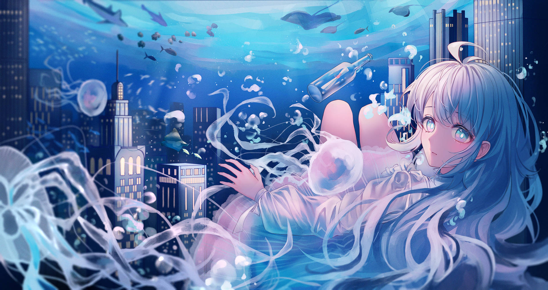 A Girl Is Floating In The Water With A City In The Background Background