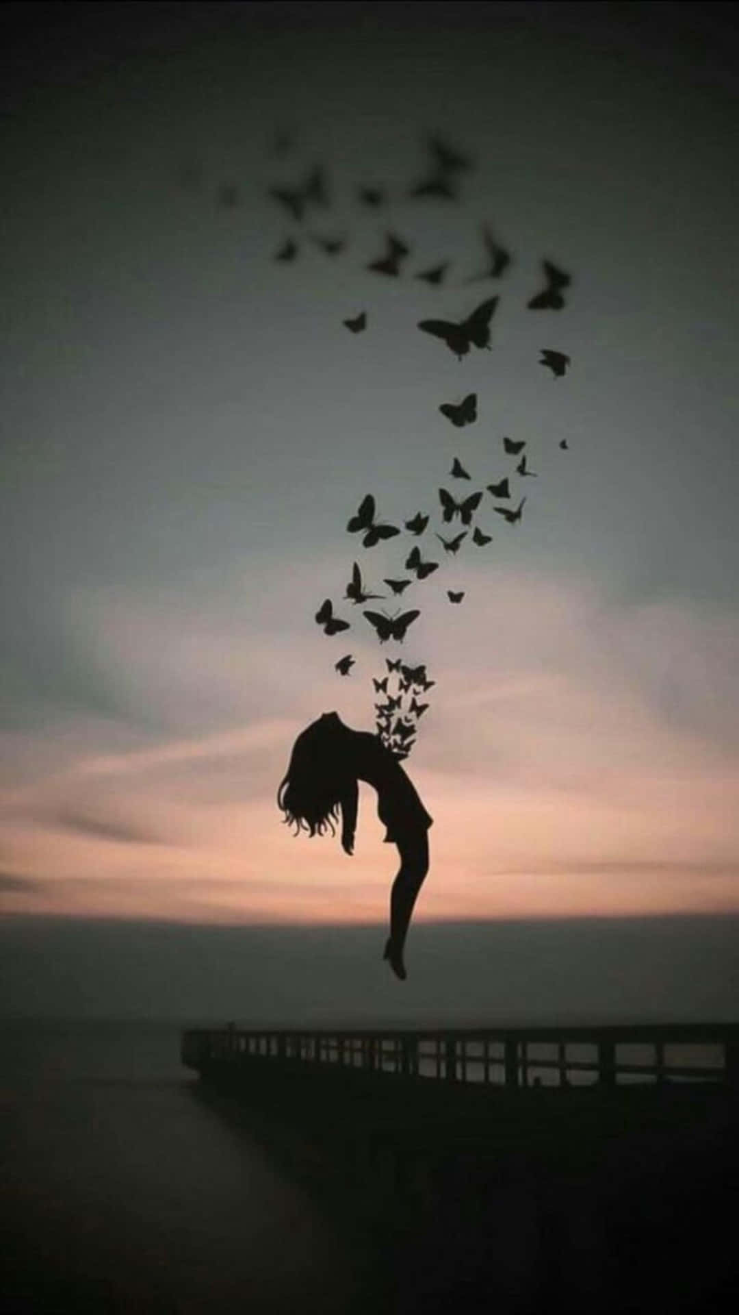 A Girl Is Flying In The Air With Birds Flying Around Her Background