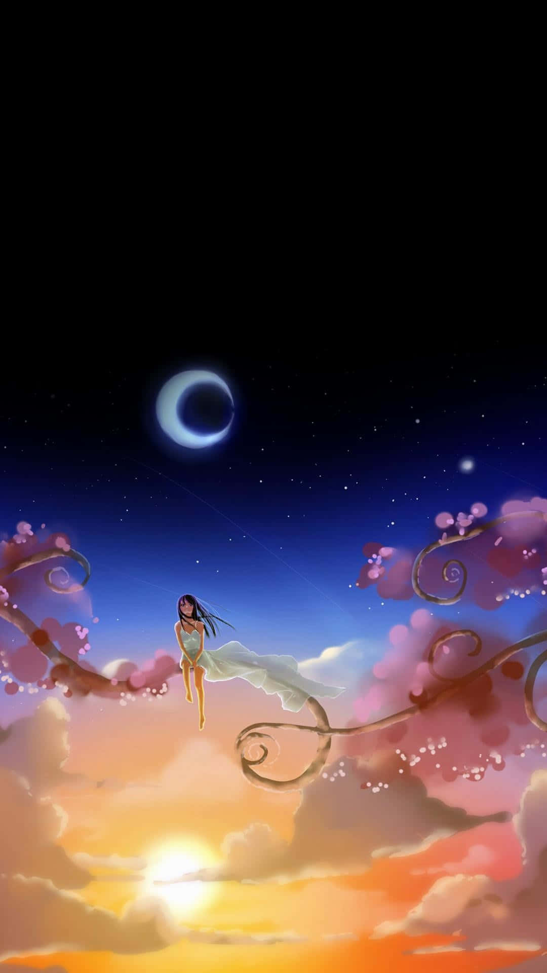 A Girl Is Flying Over The Moon And Clouds Background