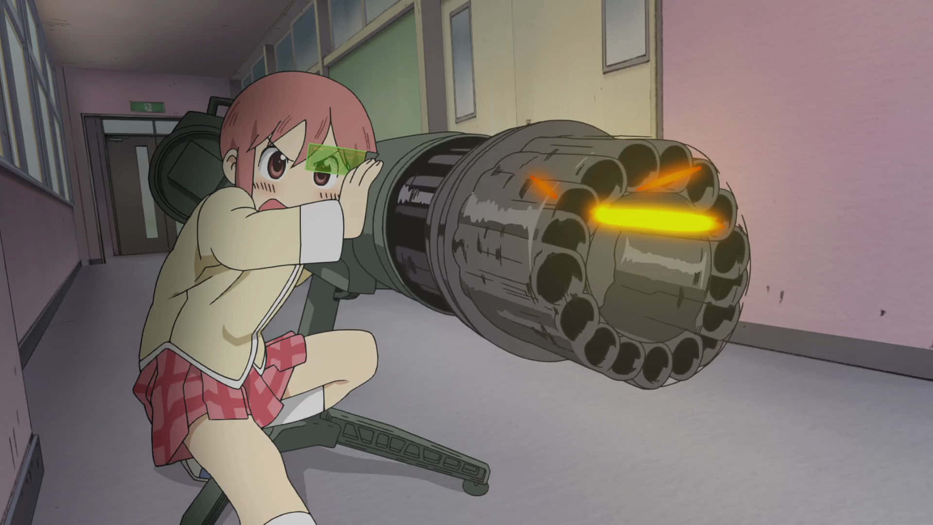 A Girl Is Holding A Gun In An Anime Hallway Background