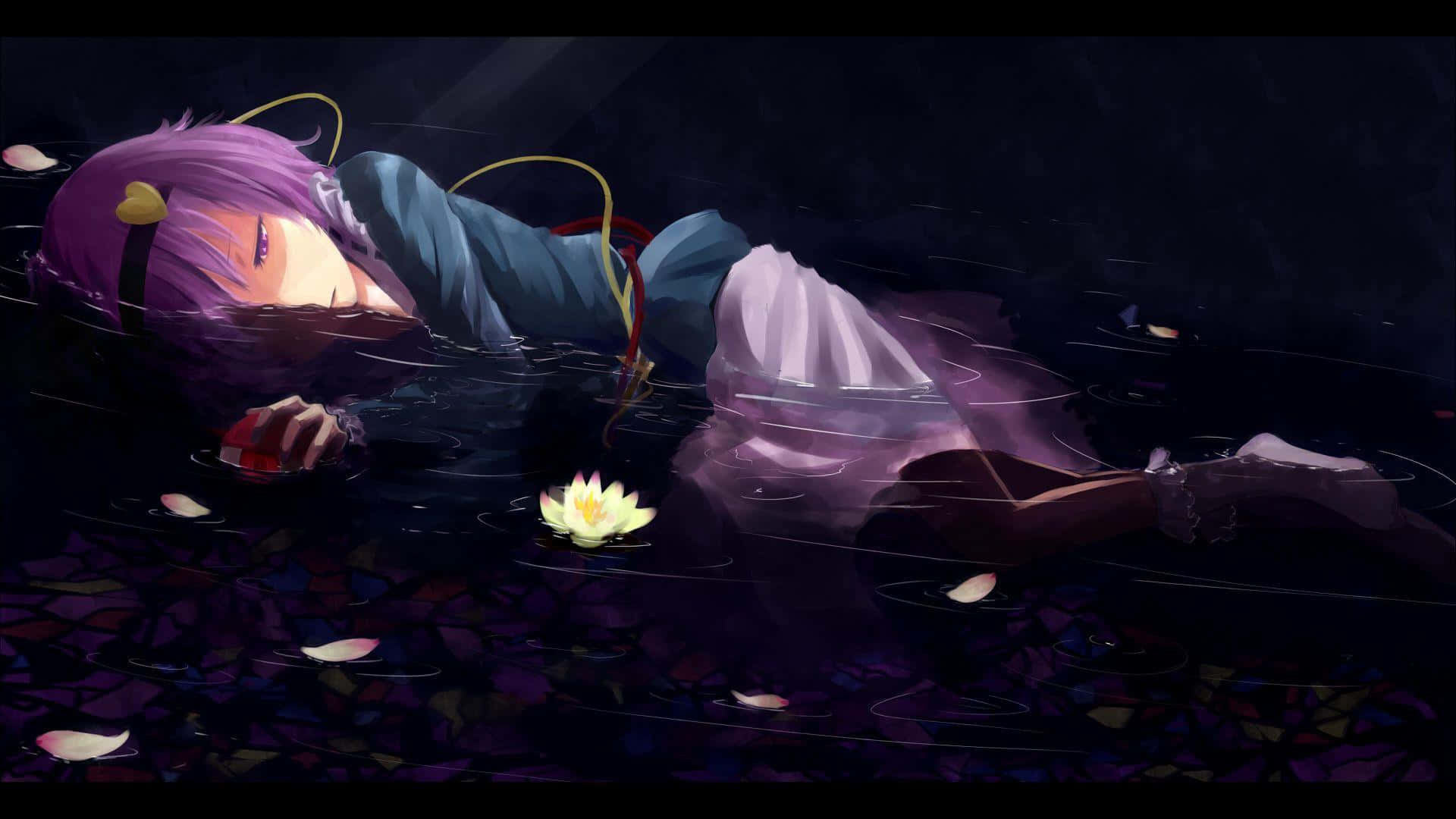 A Girl Is Laying In The Water With Purple Hair Background