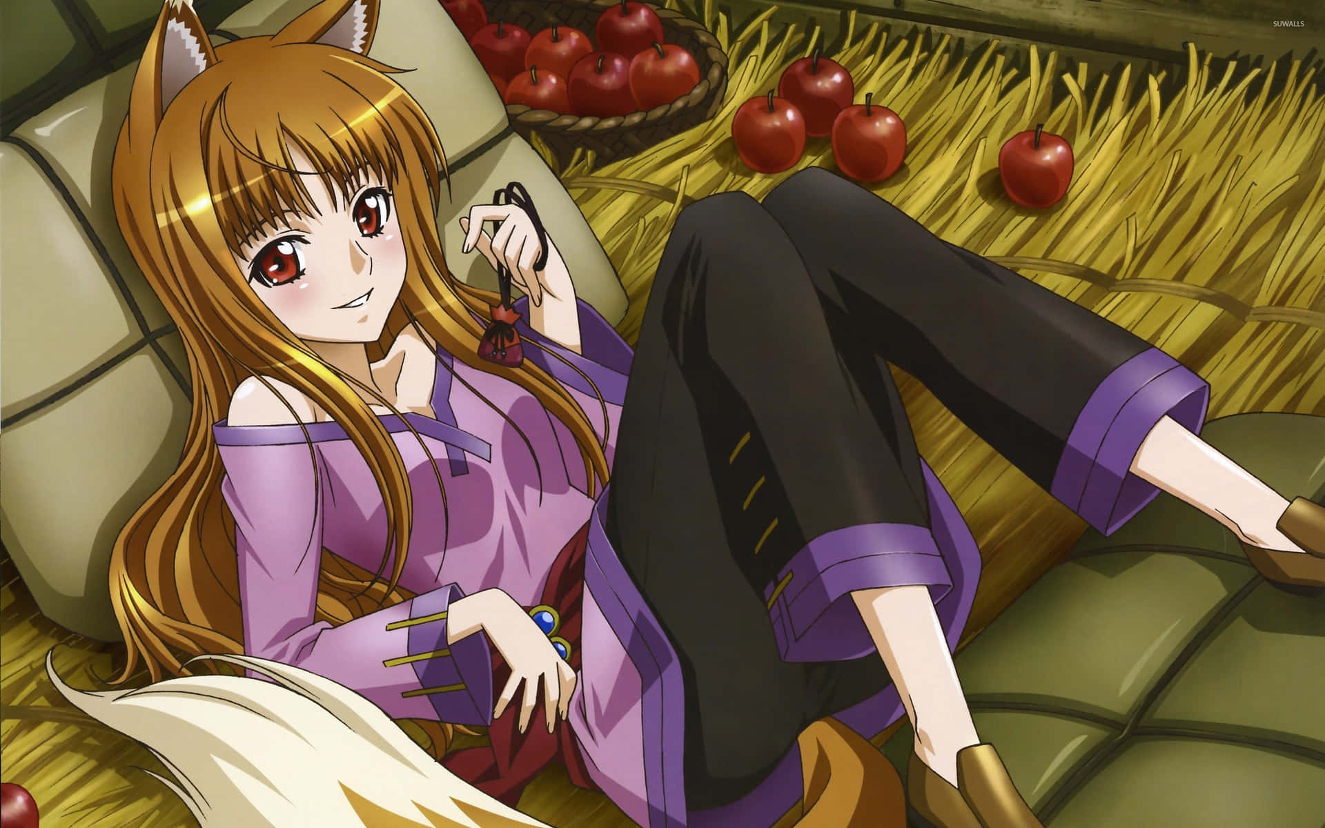 A Girl Is Laying On A Bed With Apples Background