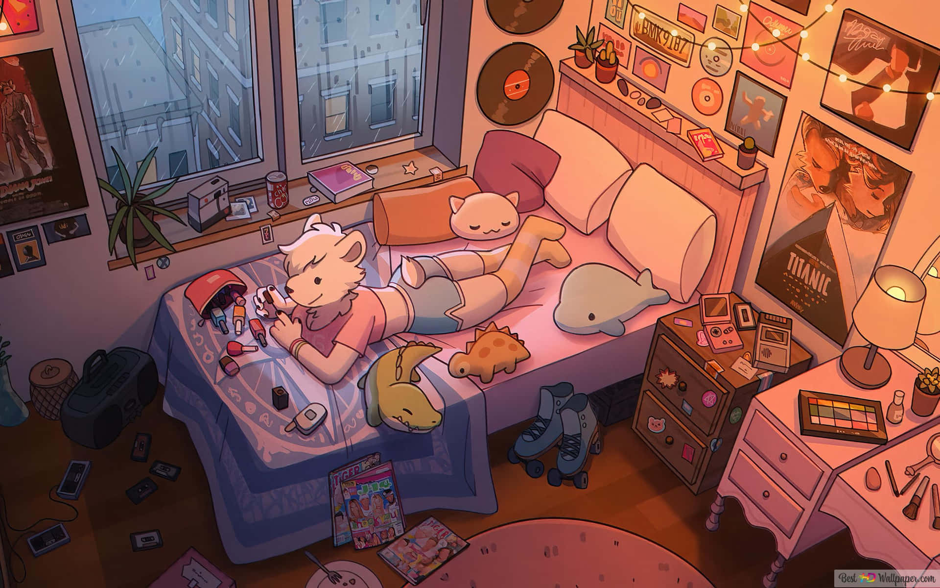 A Girl Is Laying On Her Bed With A Lot Of Stuff Background