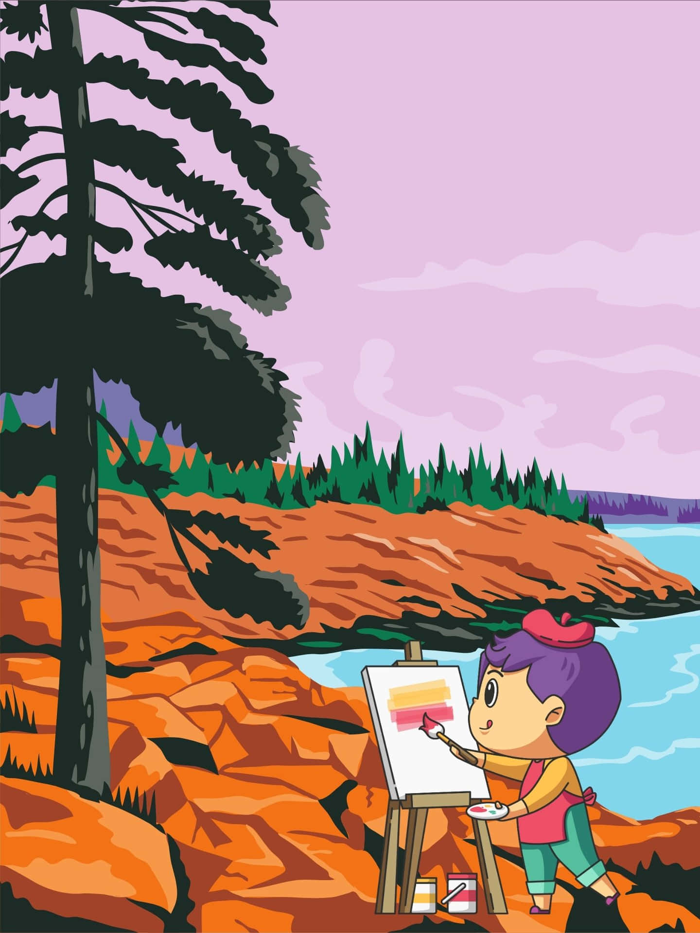 A Girl Is Painting On A Rock Background