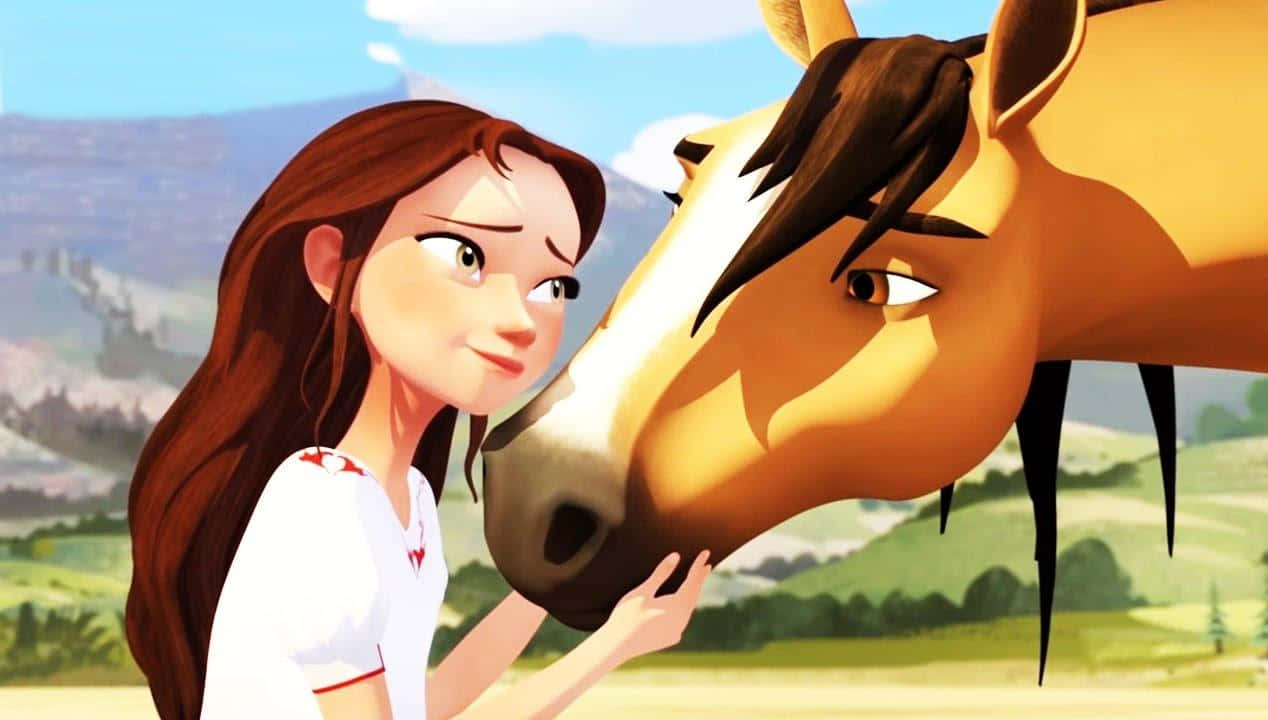 A Girl Is Petting A Horse In An Animated Movie Background