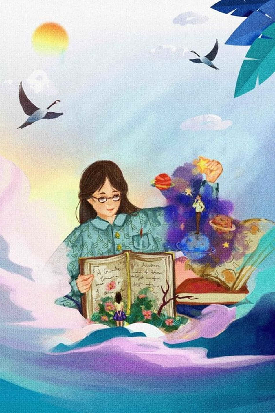 A Girl Is Reading A Book In The Sky Background