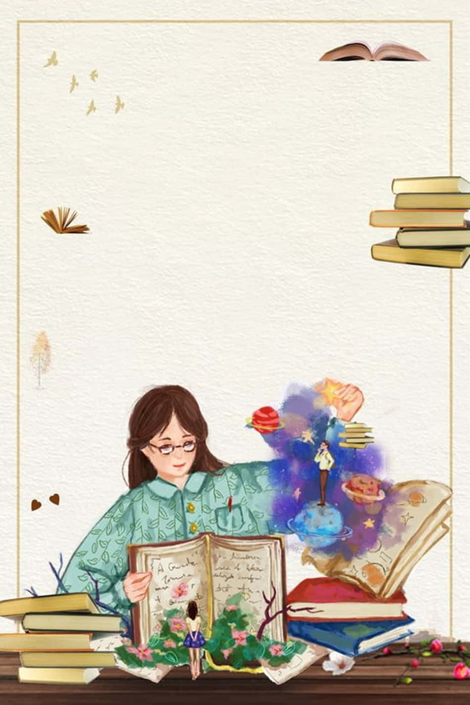A Girl Is Reading A Book With Flowers And Butterflies Background