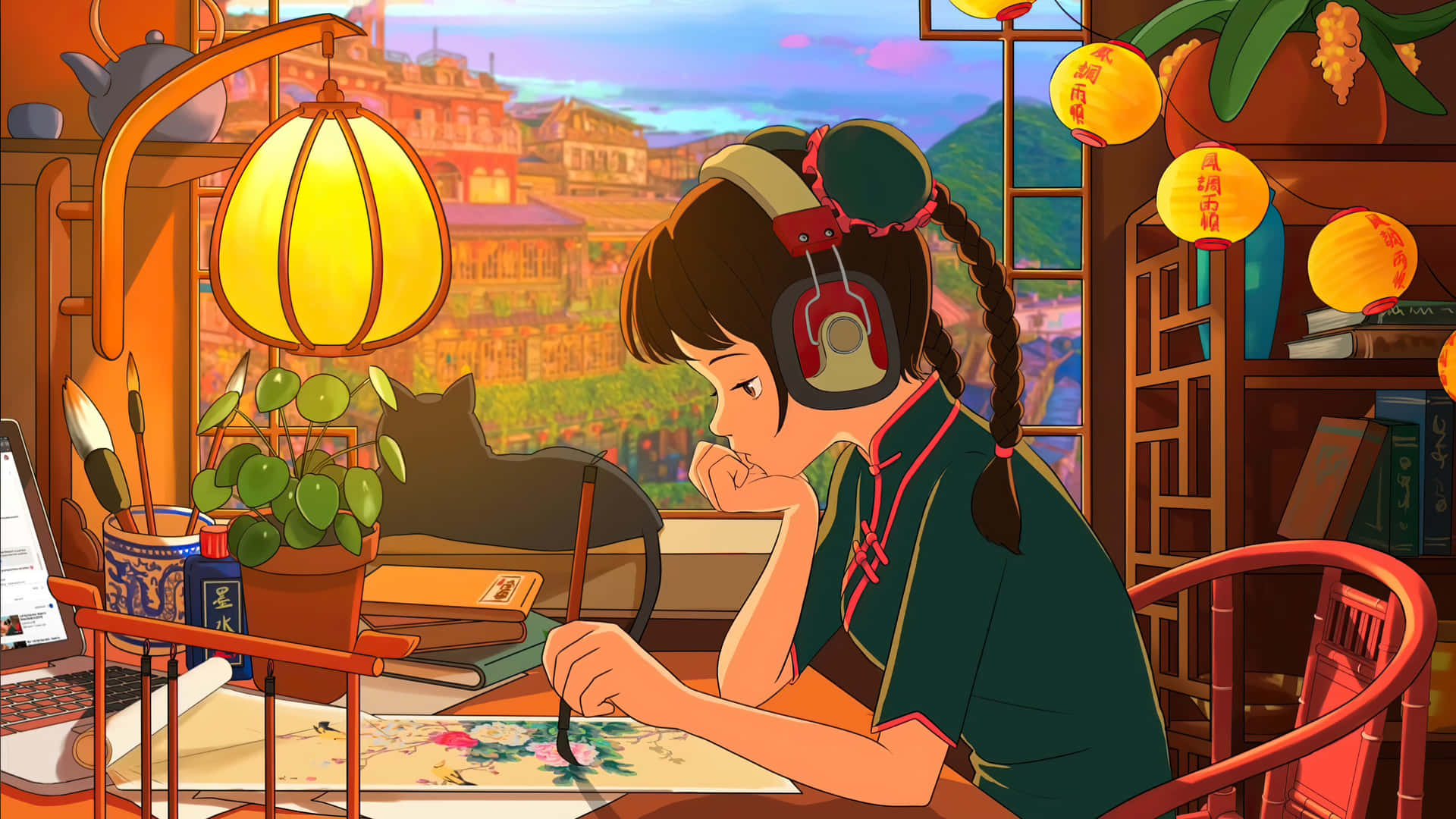 A Girl Is Sitting At A Desk Background