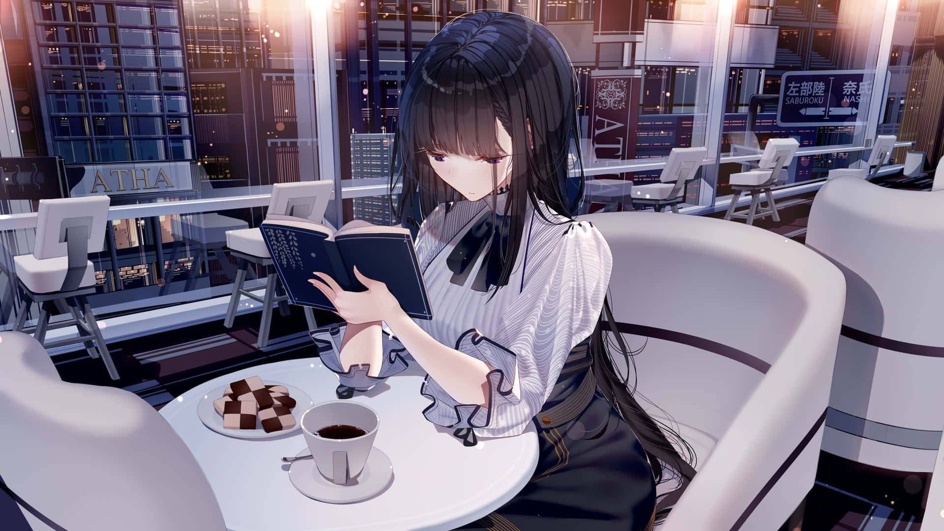 A Girl Is Sitting In A Chair Reading A Book Background