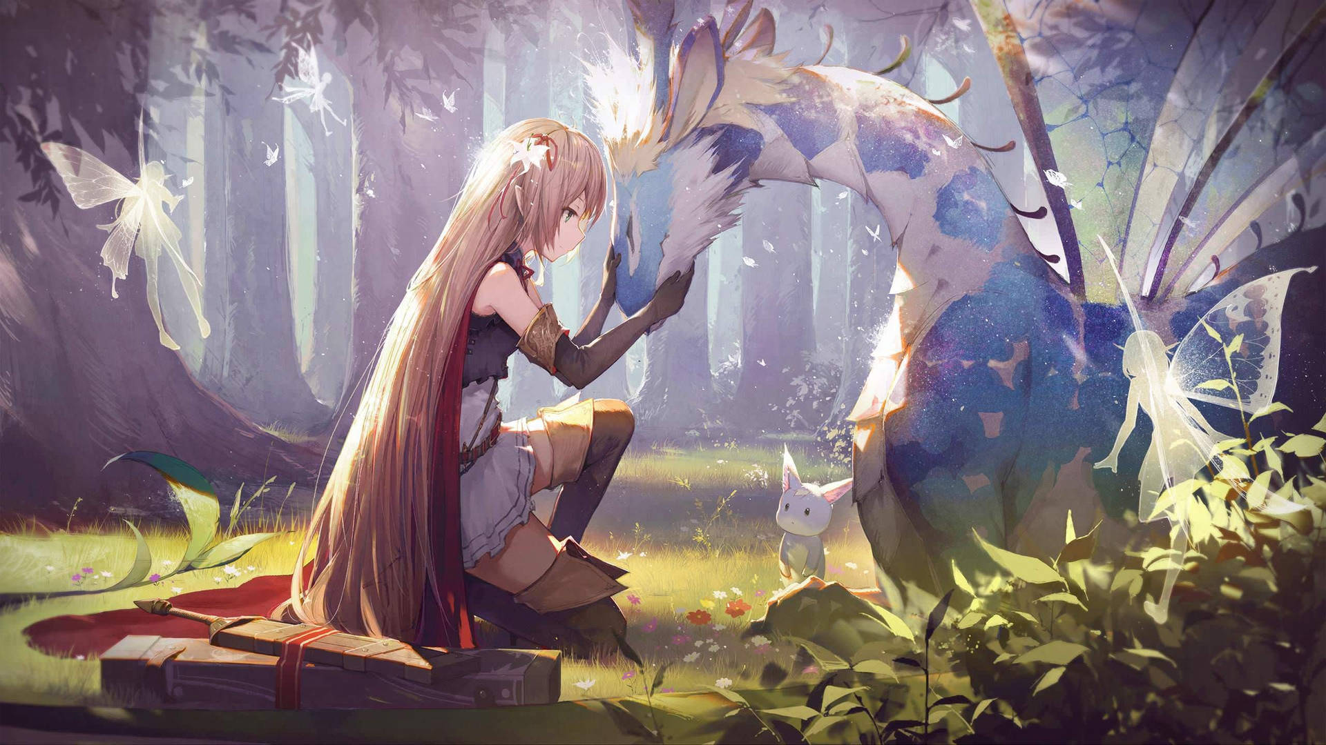 A Girl Is Sitting Next To A Dragon In The Forest