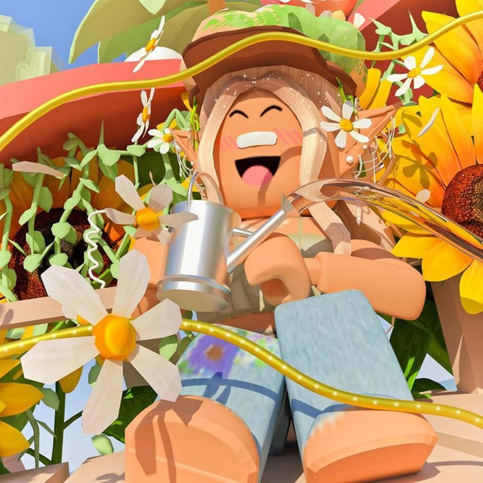 A Girl Is Sitting On A Flower Bed Background